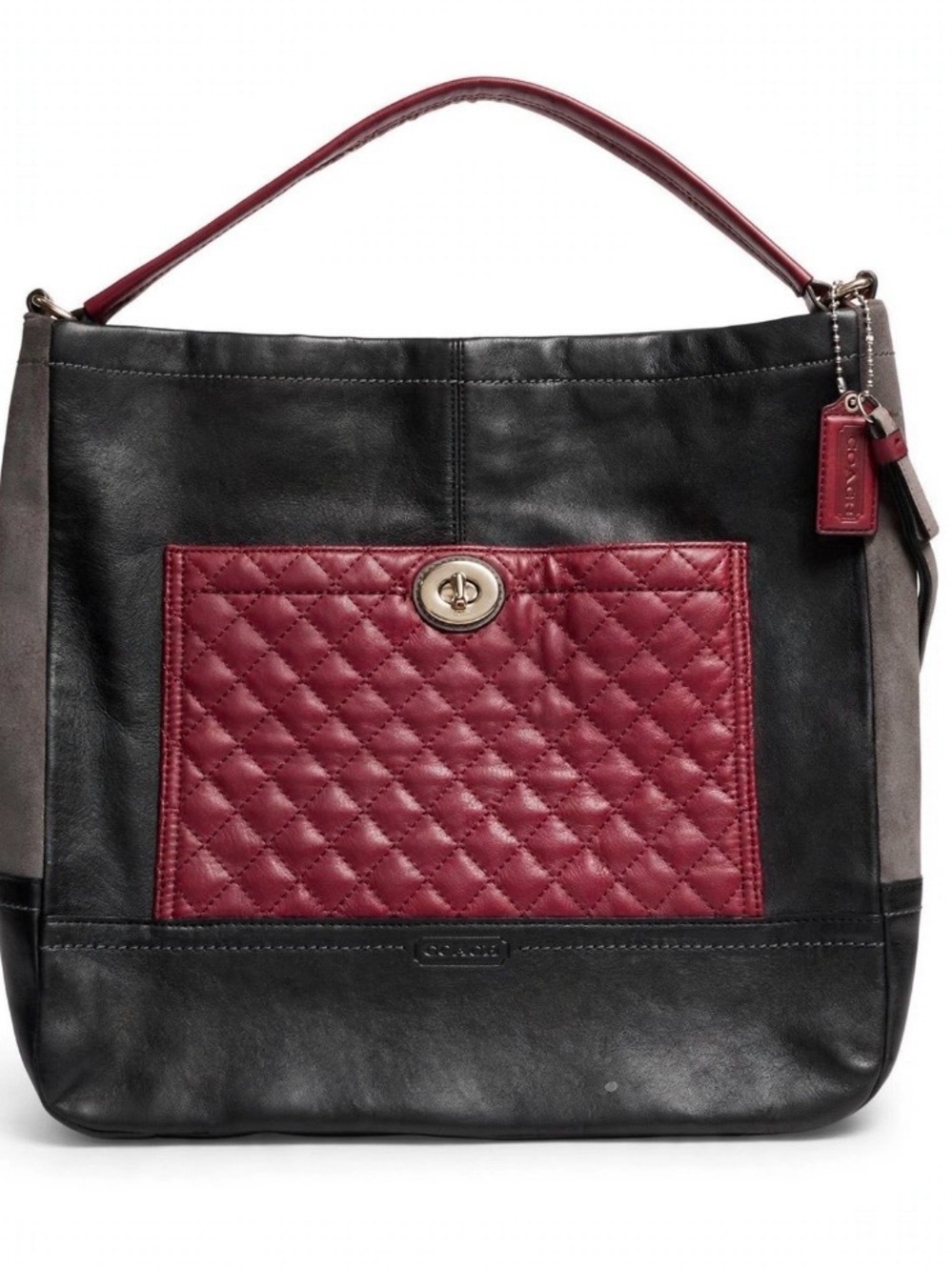 Coach Black Leather Shoulder Bag with Burgundy Quilted Pocket